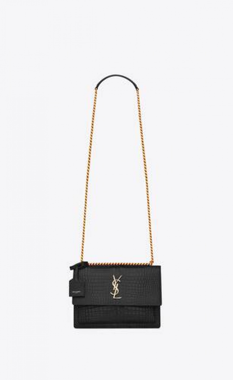 YSL Sunset Medium In Crocodile-embossed Leather Black | Philippines_YSL10383