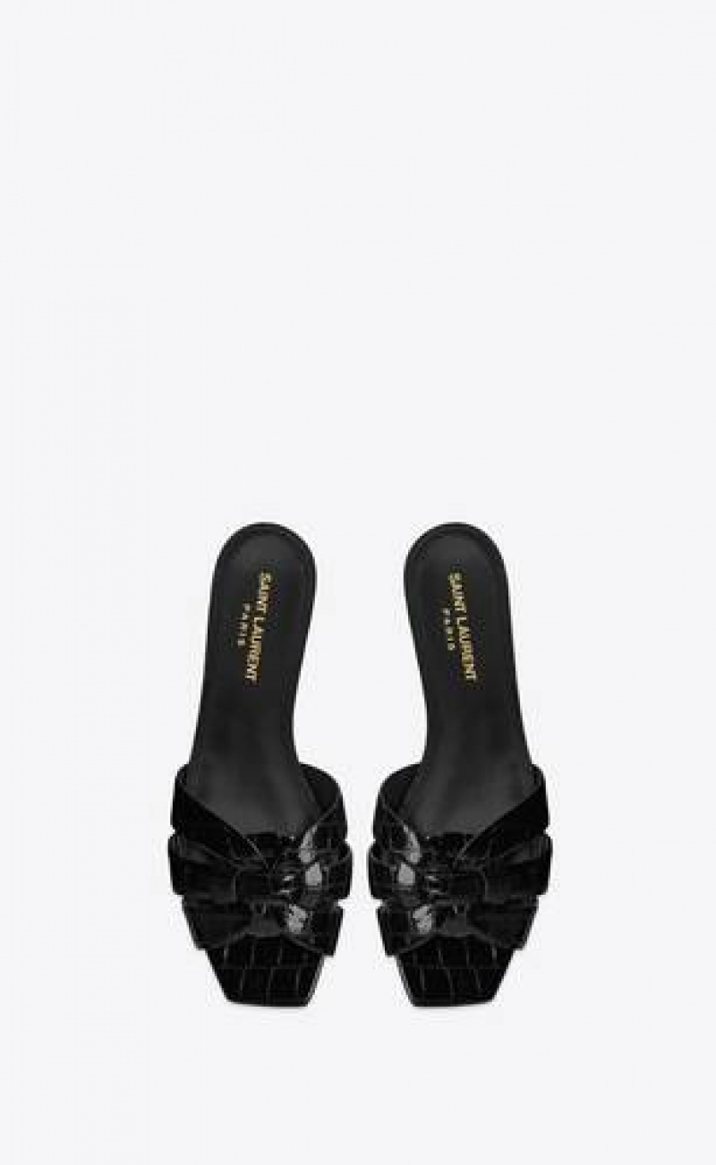 YSL Tribute Mules In Crocodile Embossed Leather Black | Philippines_YSL38883