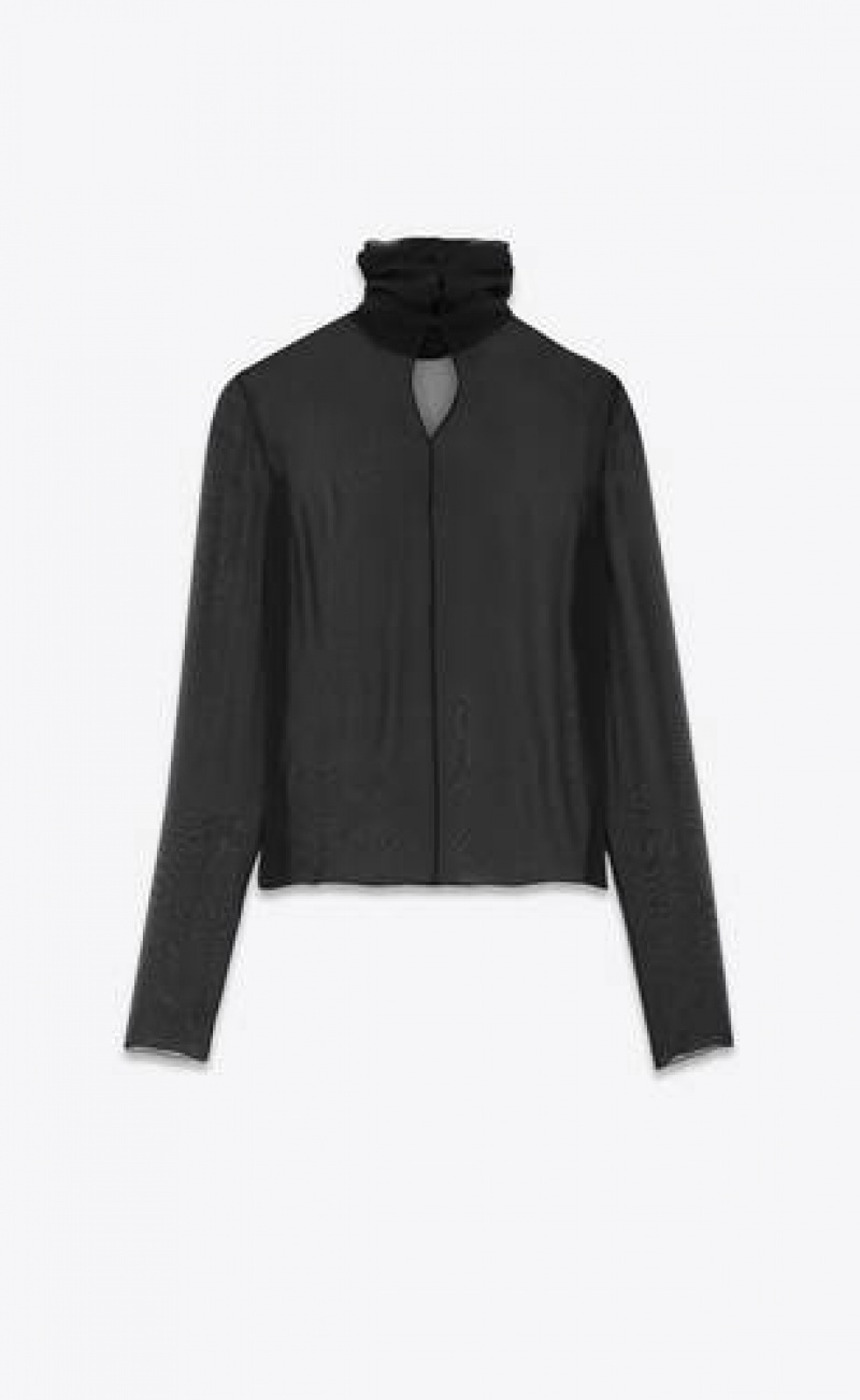 YSL Turtleneck Blouse In Silk Muslin Crepe Black | Philippines_YSL63627